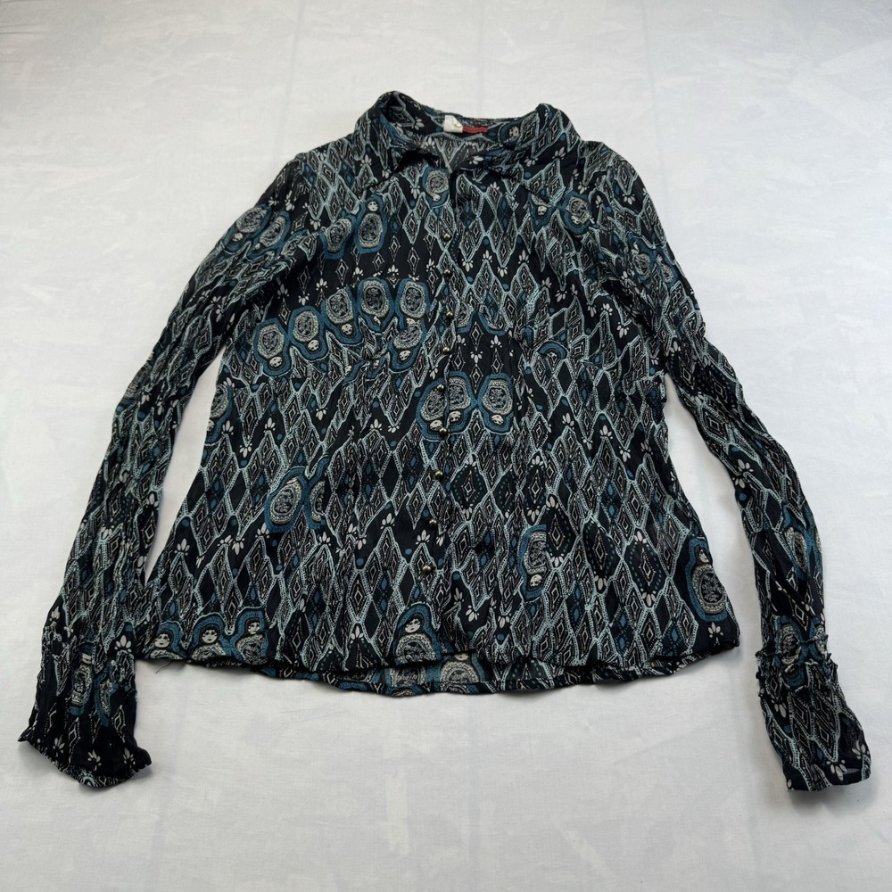 Tapemeasure Sheer Peasant Blouse Womens 14 Blue Black Bohemian Top
